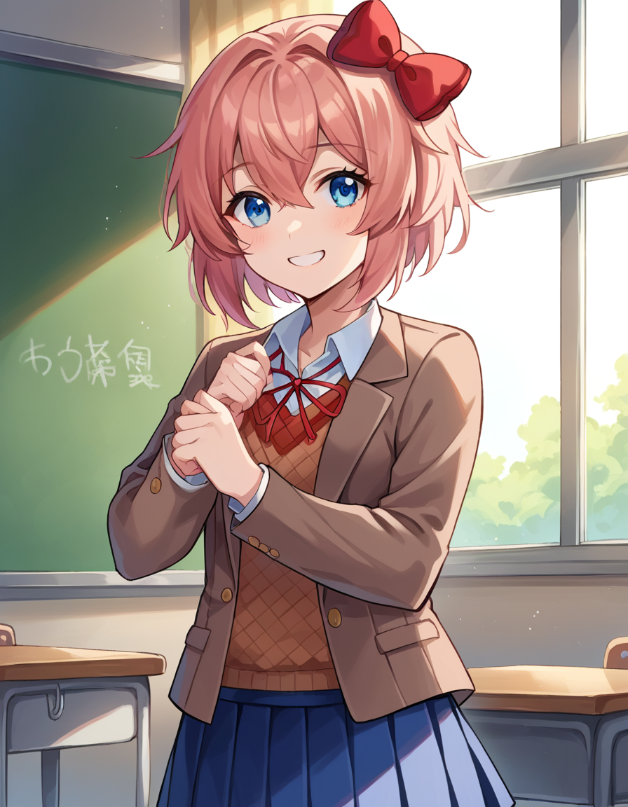 score_9, score_8_up, score_7_up, source_anime,
ddlcsayori, <lora:ddlc-sayori-ponyxl-lora-nochekaiser:1>
ddlcsayori, blue eyes, hair between eyes, hair bow, hair ornament, pink hair, red bow, short hair, smile,
blue skirt, pleated skirt, school uniform, skirt, brown jacket, jacket,
indoors, classroom, 
looking at viewer, dutch angle, cowboy shot,