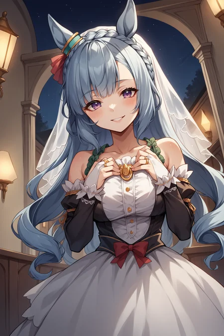 score_9, score_8_up, score_7_up, , rating_general ,1girl , ards, crown braid, horse ears, ear ornament, drill sidelocks, twin drills,  wedding dress, wedding ring, bridal gauntlets, bridal veil,  dynamic angle , source_anime    ,  cowboy shot, indoors, naughty face, smile, night, outdoors, <lora:ArdanPDCAME UMA:1>,