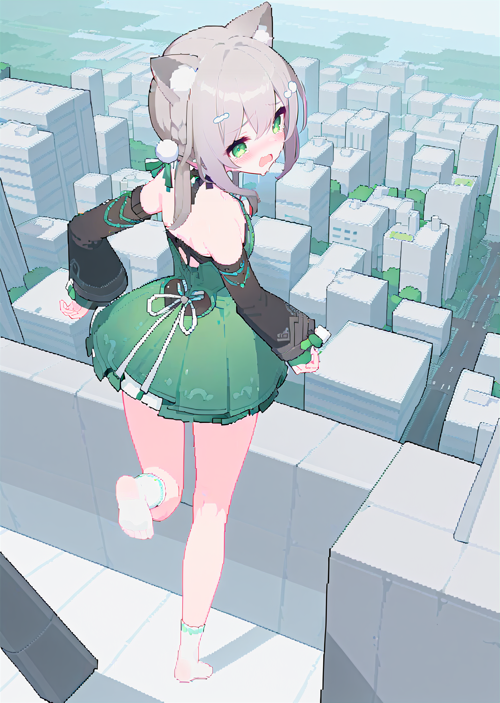 high quality, masterpiece, solo,
standing on one leg, arms behind back, looking back, standing, from above, 
digital art, city,pixel art,
1girl, green eyes, tearing up, shouting, blush,    wide shot, 
grey hair, twintails, cat ears, pom pom hair ornament,
detached sleeves, long sleeves,
green dress, 
(bare legs),
white socks,
no shoes,  full body, 
<lora:qingque60-you-014:0.65>
<lora:a31_style_koni-000010:1>