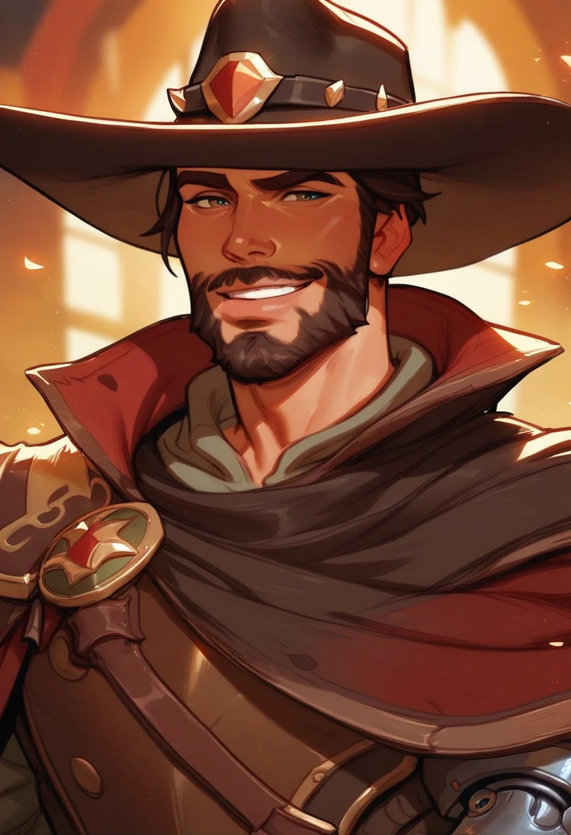score_9, score_8_up, score_8, score_7_up, score_7, score_6_up, score_6, score_5_up, Costume_Original, Cowboy_Hat, Red_Cloak, Beard, Prosthetic_Arm, Armor, cocky smile, poncho, vox machine style, 1boy, male focus, solo, close up portrait, fantasy, tavern background, (dynamic lighting:1.1)
((masterpiece))