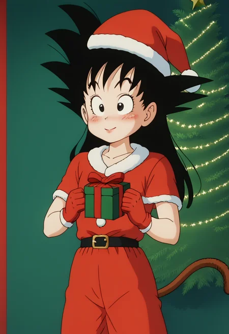 score_9, score_8_up, score_7_up , , source_anime, intricate details, masterpiece, high quality, prefect hands, best quality,, 1girl, solo,  upper body , anime screencap,
, blush ,
, GGoku , black hair, black eyes, big eyeballs , spiked hair , long hair  , monkey tail ,   eyelash , lips  , cute ,  small breast , breast ,   chibi , <lora:GGoku-000003:1>,
 <lora:santa-costume-ponyxl-lora-nochekaiser:1>  santa costume, santa hat, christmas, sack, merry christmas, gift, fur-trimmed headwear, holding sack, santa dress, fur-trimmed dress, christmas tree, christmas tree, fur trim, red capelet, gift box, red gloves, fur-trimmed capelet, santa gloves, red hat, hat, indoor , Fireplaces ,