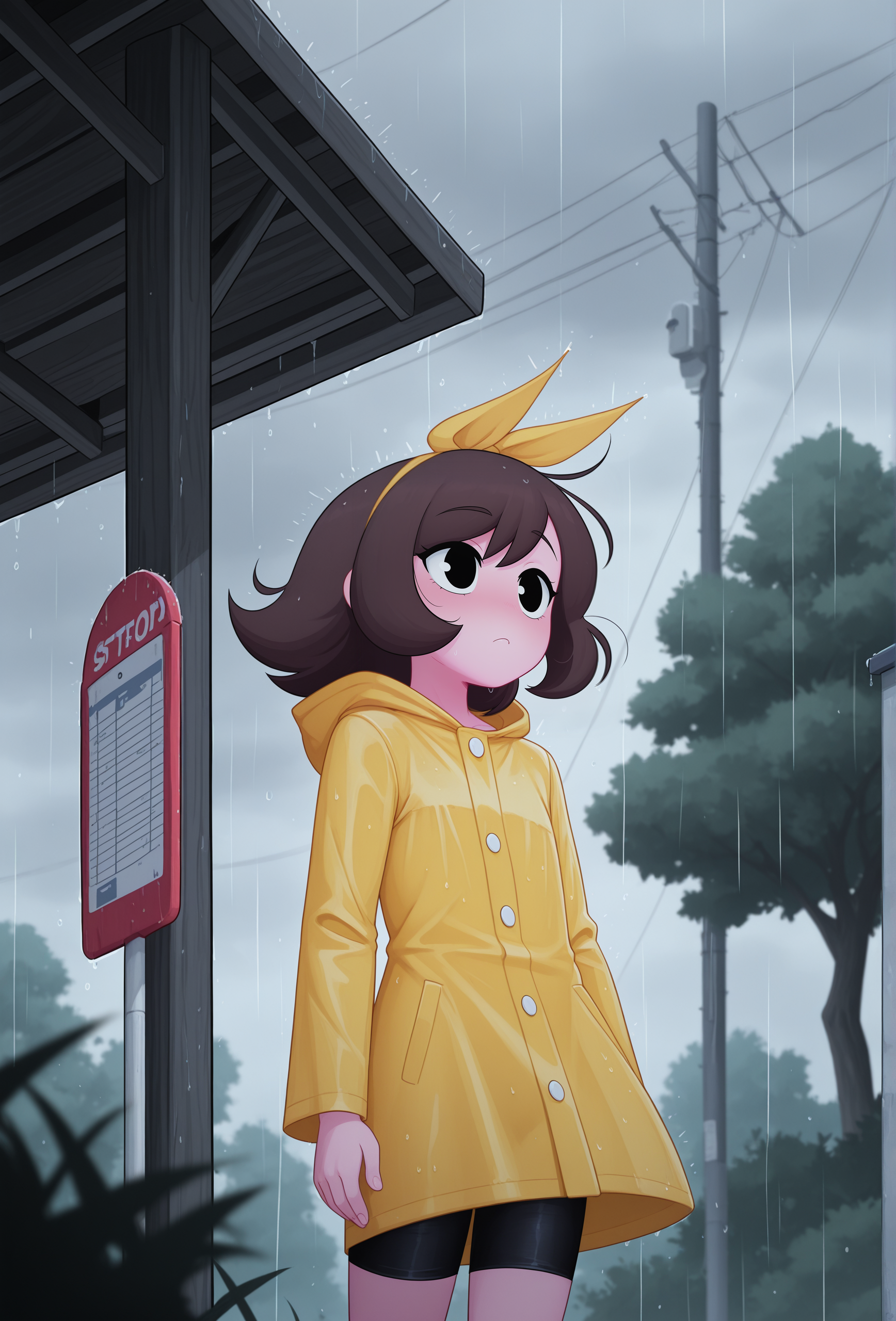 masterpiece,best quality,amazing quality, <lora:marigold_cabronpr_illustrious_v1f:.7> marigold, 1girl, solo, hairbow, no nose, black eyes, BREAK
yellow raincoat, black shorts, bus stop, rain, overcast, wind, tree, utility pole, (depth of field:1.2)