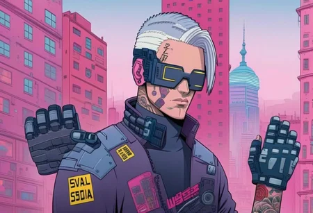 anime, a man with tattoos on his face and a pair of gloves ,(((light silver hair))), background pink city, day, tall buildings, cyberpunk, cyberpunk art, retrofuturism<lora:Cyberpunk _Anime_sdxl:1.0>