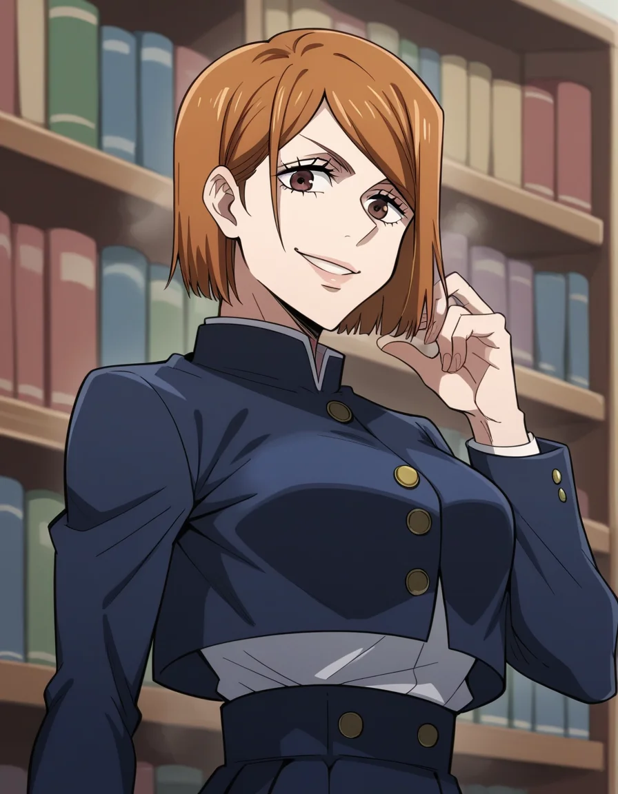 score_9, score_8_up, score_7_up, source_anime, <lora:nobara-kugisaki-s1s2-ponyxl-lora-nochekaiser:1>, nobara kugisaki, kugisaki nobara, bob cut, brown eyes, brown hair, lips, short hair, large breasts,, skirt, school uniform, jacket, cropped jacket, jitome, high-waist skirt, gakuran,, bookstore, browsing shelves, new book smell, finding a favorite, quiet atmosphere, smile, looking at viewer, solo,, cowboy shot, dutch angle