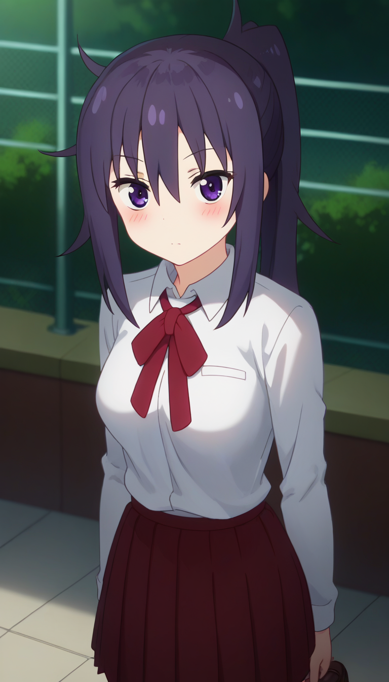 score_9,score_8_up,masterpiece,best quality,correct anatomy,anime_source,1girl,solo,perfect eyes,perfect arms,perfect legs,perfect face,outdoors,cowboy shot,looking at viewer,facing viewer,dazed,blush,Motoba Kirie,purple hair,messy long hair,ponytail,sidelocks,hair between eyes,bangs,purple eyes,school uniform,white shirt,collared shirt,dress shirt,red bowtie,neck ribbon,red ribbon,long sleeves,medium breasts,shirt tucked in,miniskirt,red skirt,pleated skirt,thighs,black pantyhose,loafers,brown footwear,<lora:Motoba Kirie(huc)-Pony:1.8>,