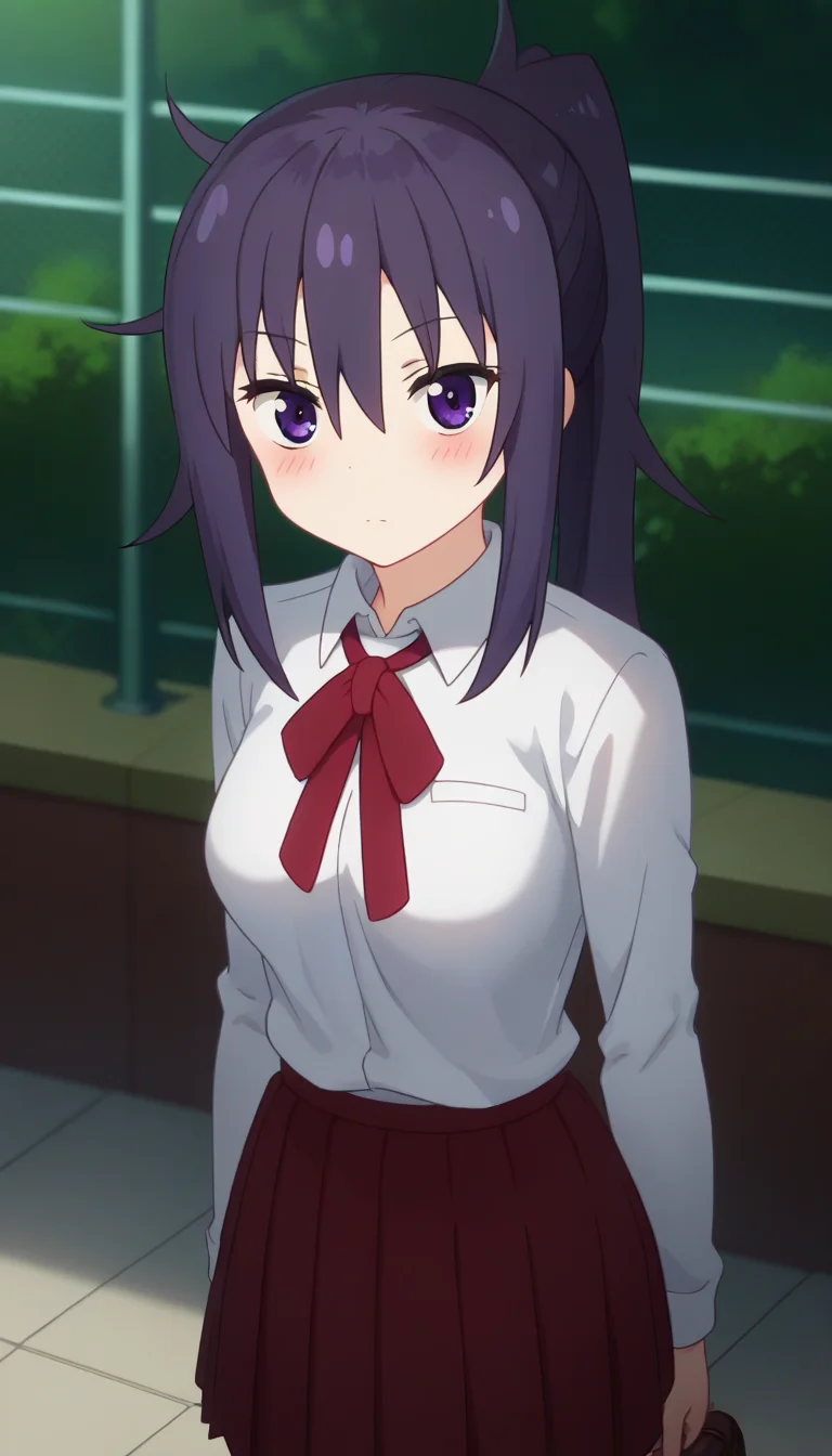 score_9,score_8_up,masterpiece,best quality,correct anatomy,anime_source,1girl,solo,perfect eyes,perfect arms,perfect legs,perfect face,outdoors,cowboy shot,looking at viewer,facing viewer,dazed,blush,Motoba Kirie,purple hair,messy long hair,ponytail,sidelocks,hair between eyes,bangs,purple eyes,school uniform,white shirt,collared shirt,dress shirt,red bowtie,neck ribbon,red ribbon,long sleeves,medium breasts,shirt tucked in,miniskirt,red skirt,pleated skirt,thighs,black pantyhose,loafers,brown footwear,<lora:Motoba Kirie(huc)-Pony:1.8>,