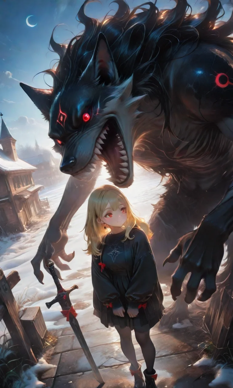 <lora:LCMV2-PONYplus-PAseer:1>
<lora:illustriousXL_stabilizer_v1.72:1>
<lora:DetailedEyes_V3:1>
<lora:Nightmare_Paralized_IL:1>
1girl, bangs, black dress, black footwear, black jacket, black legwear, blonde hair, breasts, building, crescent moon, day, eye focus, facing away, fence, from above, glowing, gun, holding, jewelry, long hair, long sleeves, looking to the side, monster, open clothes, outdoors, pantyhose, red bow, red eyes, sharp teeth, skirt, sky, smile, snow, solo, standing, sword, t-shirt, v arms, weapon, wolf