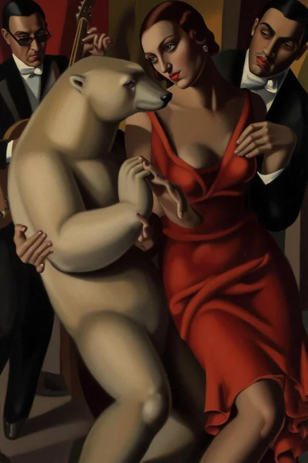 tamaradelempicka1 painting.
A couple dancing with a polar bear at a jazz club. A band is playing in the background. <lora:tamaradelempicka1_cap_d8a4:1.0><lora:863958145309868862:0>