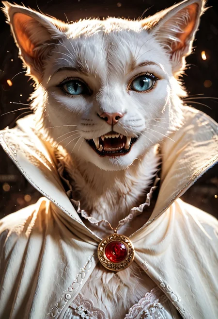 score_9, score_8_up, score_7_up, score_6_up, high res, detailed background, detailed face, detailed mouth, high detail, (furry), female white cat, adult female white dressed as a vampire, vampire fangs, cape, trick or treat, female cat scaring viewer,