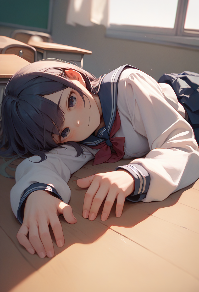 score_9, score_8_up, score_7_up, score_6_up, source_anime, 1girl, 
pov, lying, on side,
school uniform, classroom, 
<lora:pov_across_bed_v0.1-pony:1>