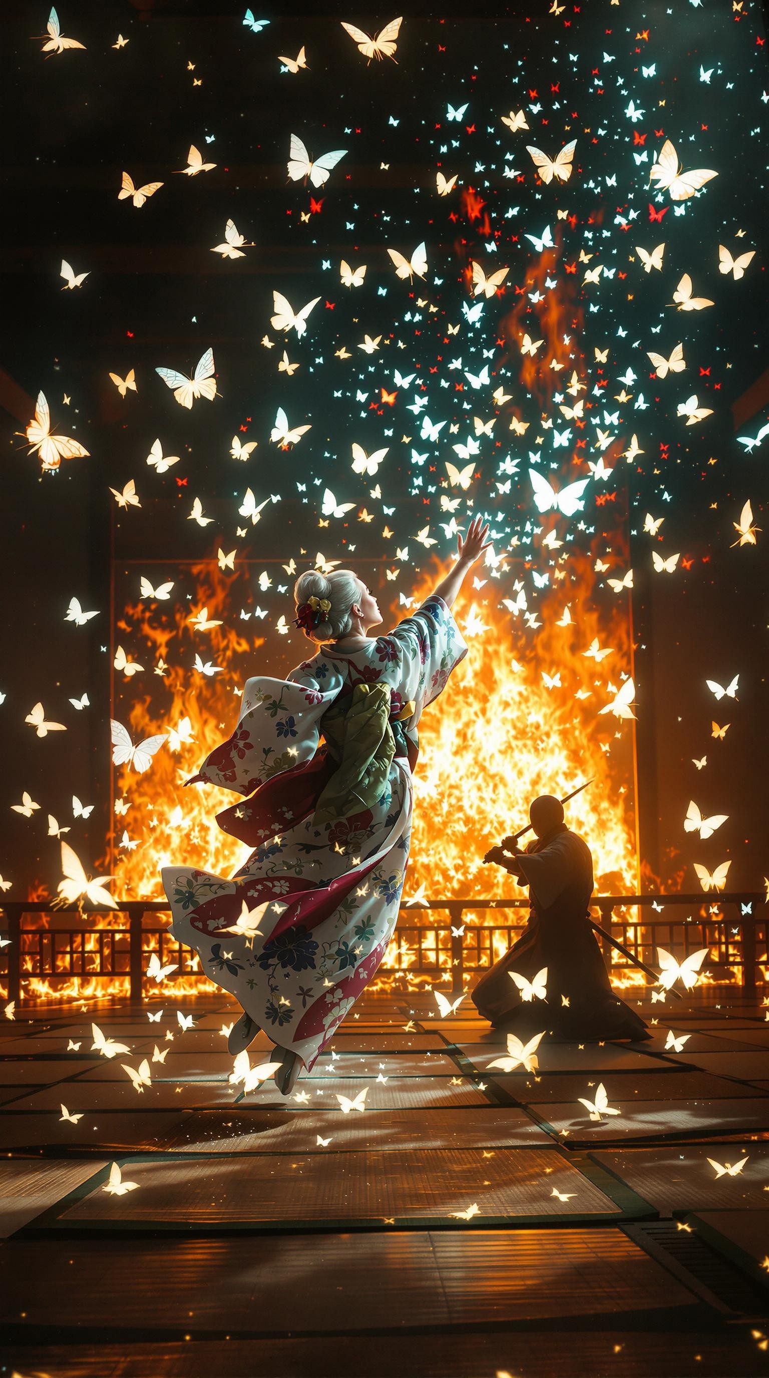Elderly woman in elegant kimono floating amidst constellation of glowing butterflies in burning dojo, shinobi slashing through illusory projections as real attack comes from behind, 