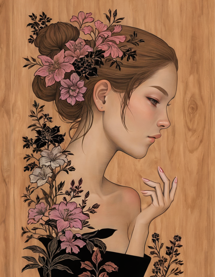 <lora:auka:0.6>auka, girl, black border, wood background, flowers, view from side, finger on chin
