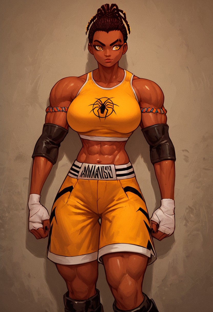 score_9, score_8_up, score_8, score_9_up, DonMC0m1cM4g1cXL, 1girl, solo, Nora Césaire, dark-skinned, amber eye, dreadlocks, braids, ponytail, tank top, shorts, lagging, knee-length black boots, mma gears, hyper muscular, slim waist, wide hips, large breasts, pose, strong
