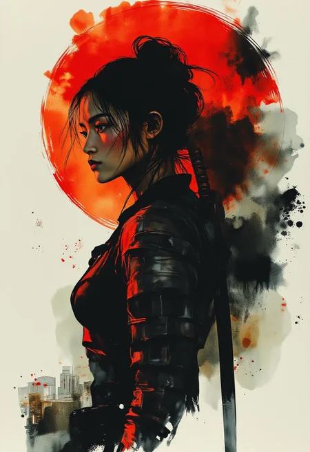 mwv7_alpha_v01, ArsMJStyle, Expressive Watercolor Ink Wash, asian female cyberpunk samurai, flowing black hair, reflective black and neon red armor, a katana strapped to her back, abstract background suggesting eastern temple