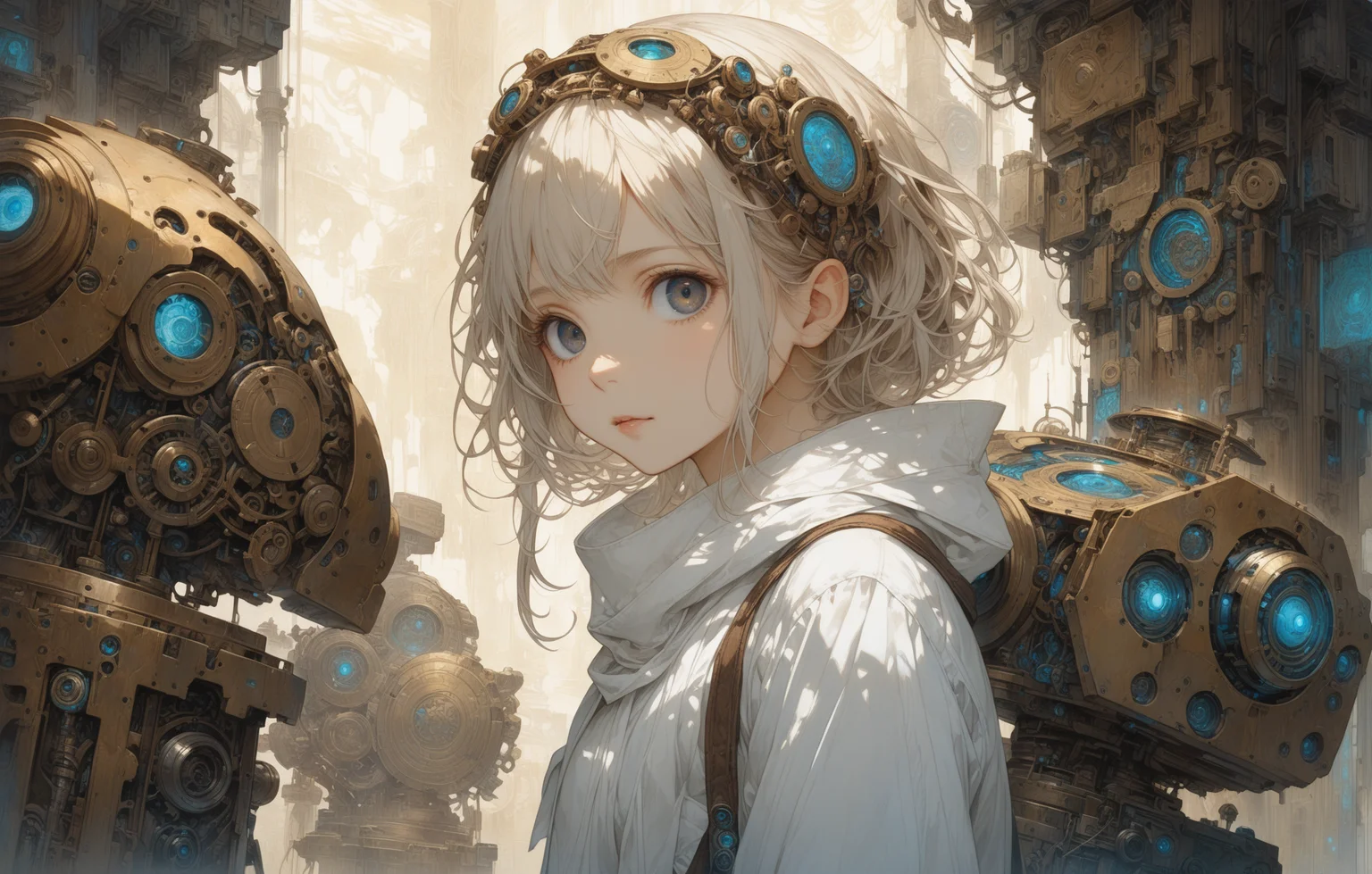 woman, fine white clothes, curiosity. Cute, shy, expressive eyes, full body shot, dark eyes, ancient mechanical devices in the background, Emily Balivet, Tim Blandin, James C. Christensen, Carne Griffiths, (1girl, portrait:0.5)