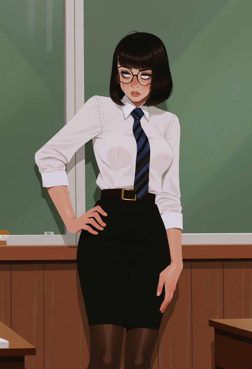 art by incase
A busty woman with short black hair in a bob cut standing in front of a classroom. She has hair covering one of her eyes and she wears glasses. She has a white shirt, tie, a black pencil skirt and brown pantyhose. She looks concerned and has a hand on her hip.