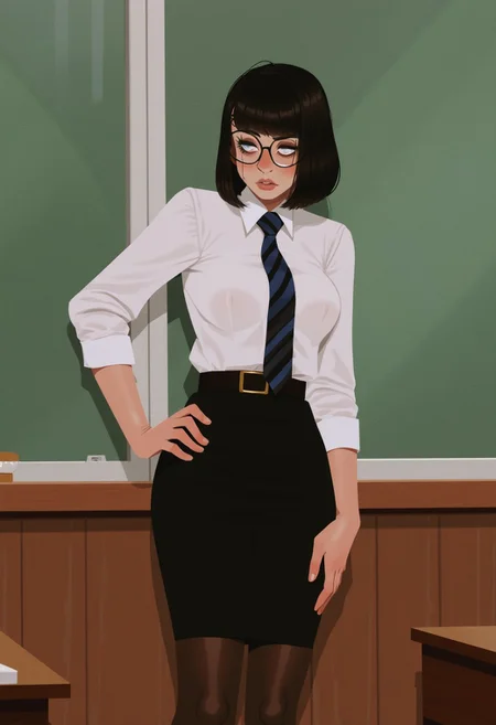 art by incase
A busty woman with short black hair in a bob cut standing in front of a classroom. She has hair covering one of her eyes and she wears glasses. She has a white shirt, tie, a black pencil skirt and brown pantyhose. She looks concerned and has a hand on her hip.