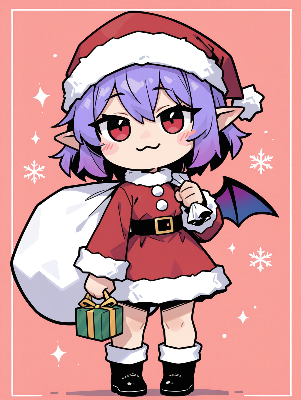 masterpiece, best quality, good quality, very aesthetic, absurdres, newest, 1girl, :3, bat wings, looking_at_viewer, black footwear, blush stickers, chibi, closed mouth, dress, fur-trimmed dress, fur-trimmed headwear, fur trim, gift, gift box, gradient wings, hat, holding, holding sack, long sleeves,medium hair, multicolored wings, no nose, pointy ears, purple hair, red dress, red eyes, red hat, sack, santa costume, santa hat, solo, wings, <lora:ponyv5_noobE11_1_adamW-000013:0.7> <lora:MeMaXL4:0.6> <lora:namukijpg_ill:0.8>