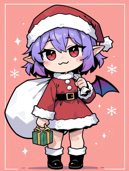 masterpiece, best quality, good quality, very aesthetic, absurdres, newest, 1girl, :3, bat wings, looking_at_viewer, black footwear, blush stickers, chibi, closed mouth, dress, fur-trimmed dress, fur-trimmed headwear, fur trim, gift, gift box, gradient wings, hat, holding, holding sack, long sleeves,medium hair, multicolored wings, no nose, pointy ears, purple hair, red dress, red eyes, red hat, sack, santa costume, santa hat, solo, wings, <lora:ponyv5_noobE11_1_adamW-000013:0.7> <lora:MeMaXL4:0.6> <lora:namukijpg_ill:0.8>