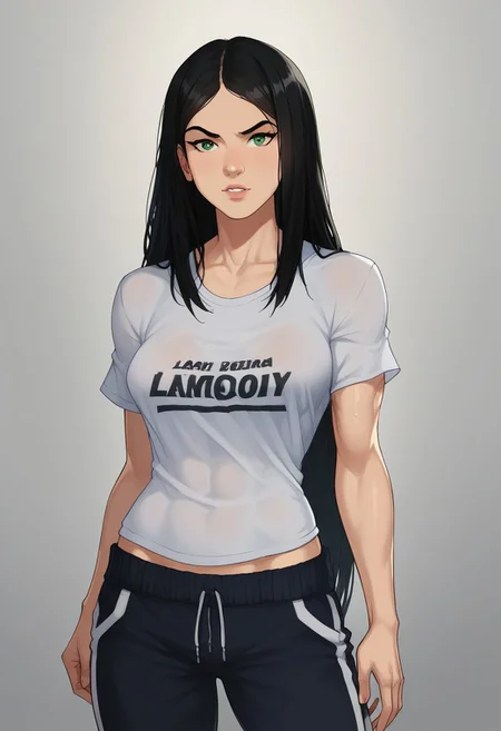 laura kinney, 1girl, muscular , pale skin,solo, black hair, very long hair, black hair, straight hair,pale skin, green eyes, athletic girl, skinny muscular girl, looking at viewer, , perfect legs,score_9, score_8_up, score_8, 1girl, solo, looking at viewer, wide track pants,loose pants, oversized t-shirt, oversized trousers, loose t-shirt, oversize,
cartoon of amraql, , best quality,
1girl, sexy girl,
perfect medium breasts, parted lips
