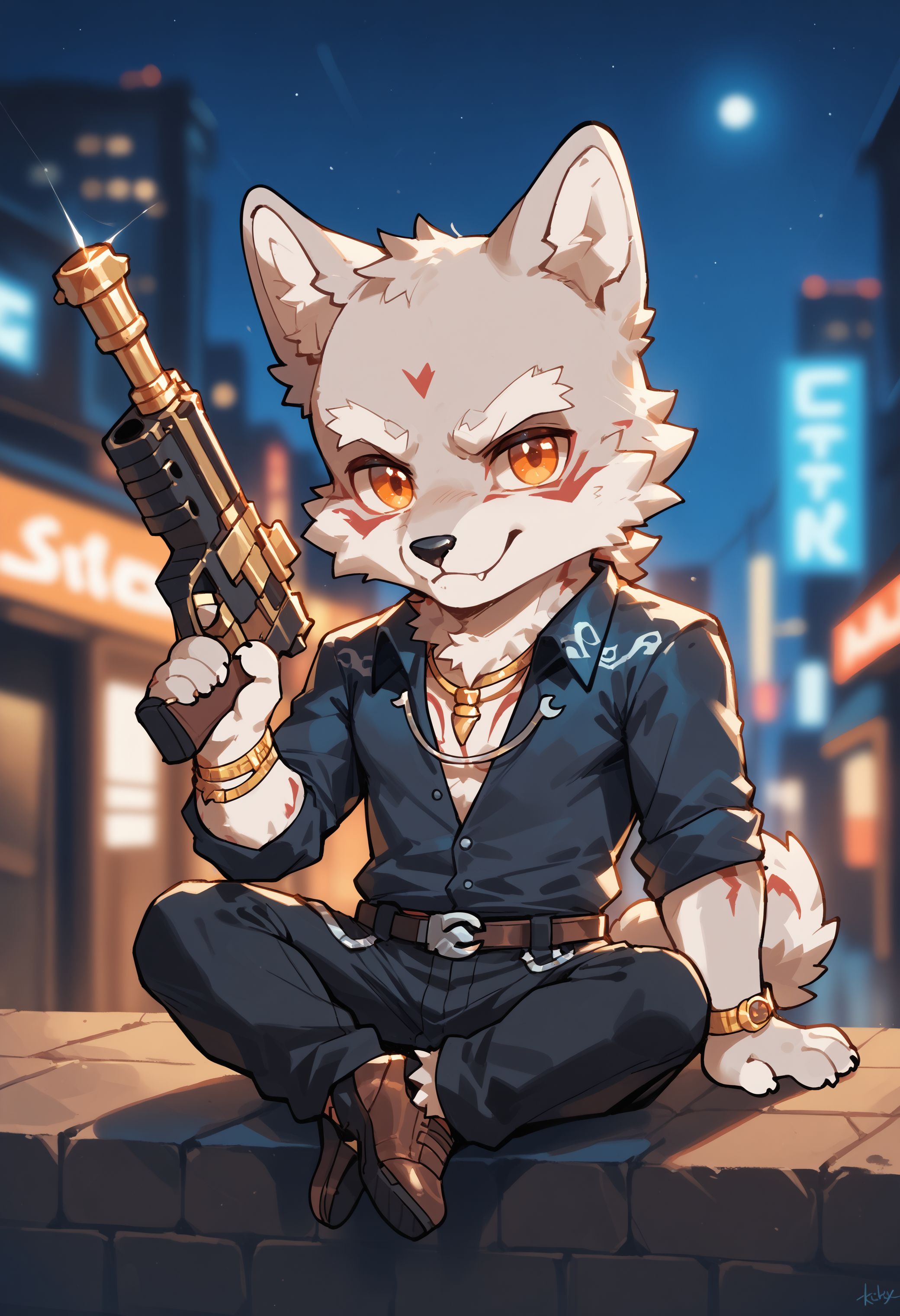 score_9, score_8_up, score_7_up, score_6_up, high res, best quality, f1etcher_k4ne, 1boy, male focus, solo, furry, furry male, orange eyes, jewelry, cute, chibi, sitting, weapon, gun, night city, blurry background, neon glow, <lora:Fletcher_Kane_Fortnite:1>