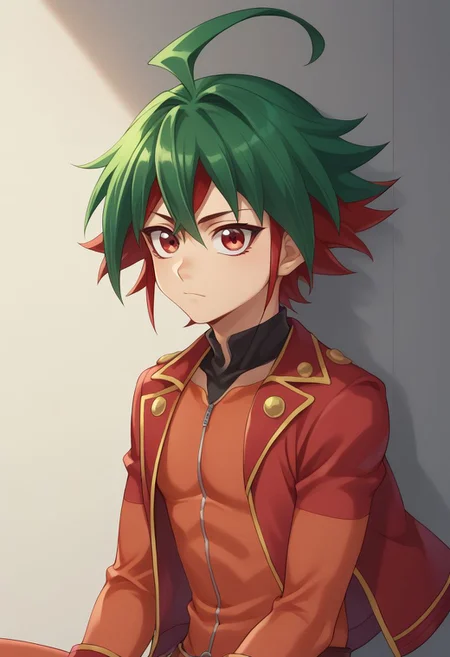 score_9, score_8_up, score_7_up, source_anime, highly detailed,
yuya, 1boy, male focus, green hair, dyed bangs solo, ahoge, red eyes, bangs, red hair, multicolored hair, gloves, bodysuit, red bodysuit, jacket, red jacket, googles, helmet, boots,
indoor, sit, upper body,