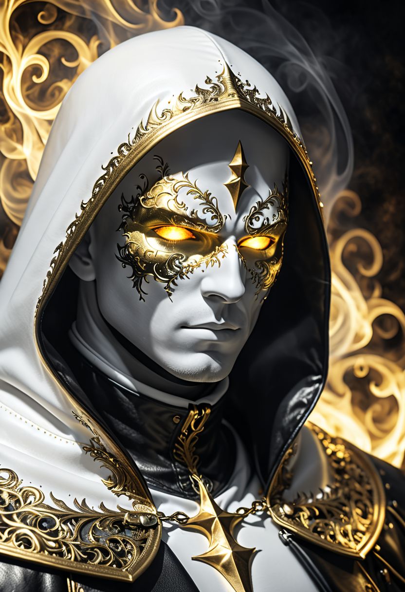 Dark fantasy, shadow knights, (( white and gold plug suit, black smoke in plug suit) ), (burning eyes:1) , (white, gold hooded cloak of leather material) , (fractal art:1.2) , cave background, transparency, caustics, optics, surreal, magic, masterpiece, perfect anatomy, 32k UHD resolution, best quality, highres, realistic photo, professional photography, cinematic angle, reflection lights, closed up
