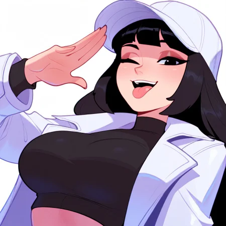 B1gd4d, (1girl, black eyes, baseball cap, white headwear, black hair, crop top, black shirt, large breasts, long hair, long sleeves, open coat, white coat), solo, looking at viewer, :d, :p, one eye closed, open mouth, portrait, smile, tongue, tongue out, hand up,