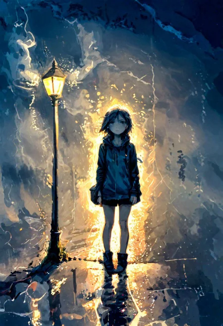 linquivera, liiv1, (anime:0.3), inkpunk, art by alexeyegorov inked, girl waiting, bleak, ink splashes, ink spots, ink smears, evoking loneliness and solitude, bold strokes, ink illustration, torrential thunderstorm, very windy, night, very dark, water splashing, water spraying, vision obscured, gray and black and dark blue tones, with a small touch of rgb colors,   desolate, lamppost, puddles, distant headlights liiv1