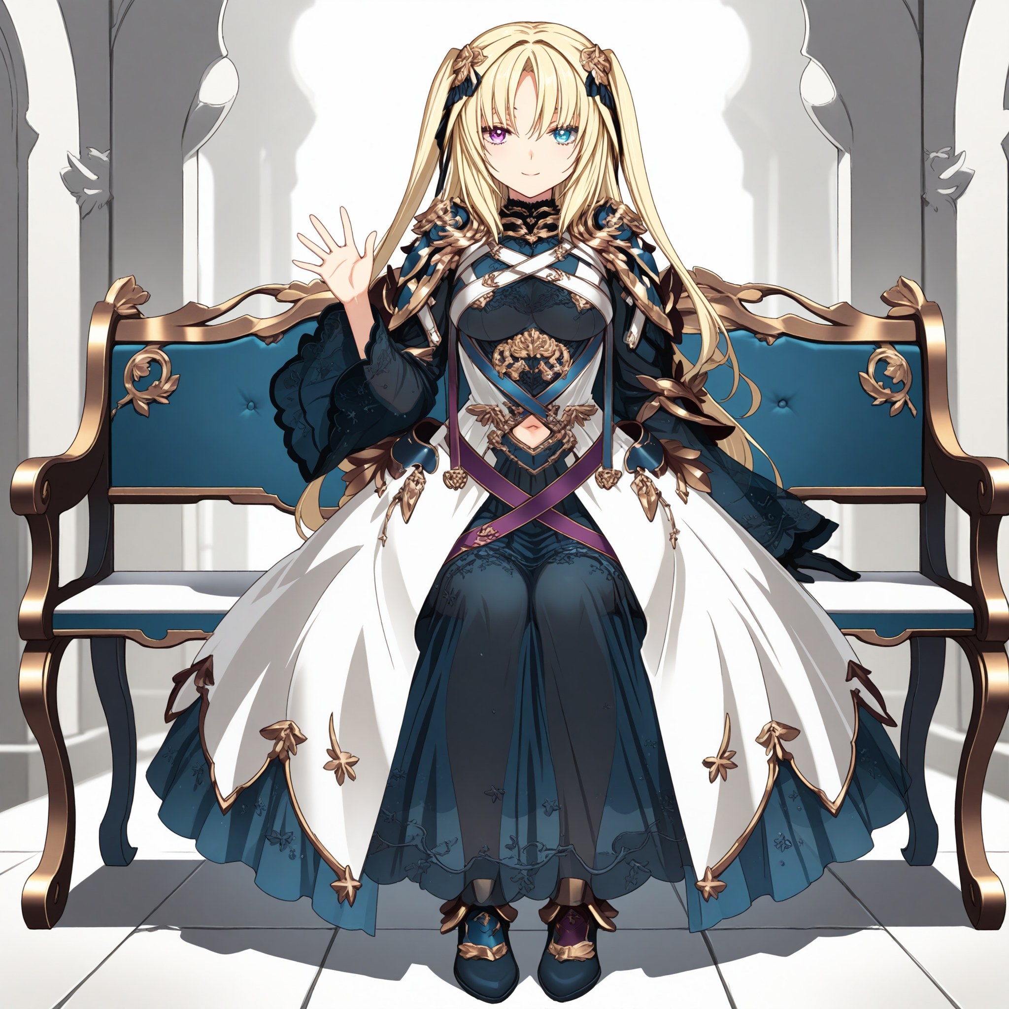 <lora:La_Vaswald_1_nai-000071:1>,La Vaswald,heterochromia,two side up,twintails,
official outfit,armor,breasts,see-through sleeves,navel cutout,navel,white dress,see-through dress,hair ornament,
1girl,solo,smile,sitting,on bench,waving,front view,looking at viewer,full body,