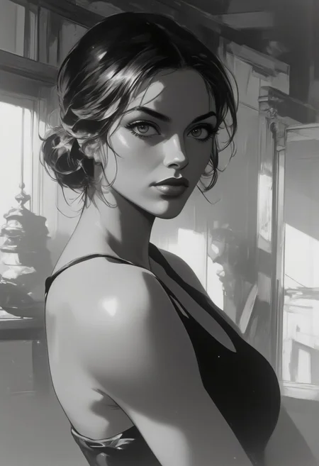 "A beautifully rendered portrait of an elegant Asian woman with striking features. The image is of high quality, capturing a graceful pose with a balanced and realistic anatomy. Her long neck and sharp facial details are portrayed with precision, creating a serene and sophisticated expression. The background is a subtle monochrome with soft edges, enhancing the focus on her captivating face. The overall atmosphere is clear and focused, with an emphasis on the details of her form, ensuring no visual distractions or distortions."