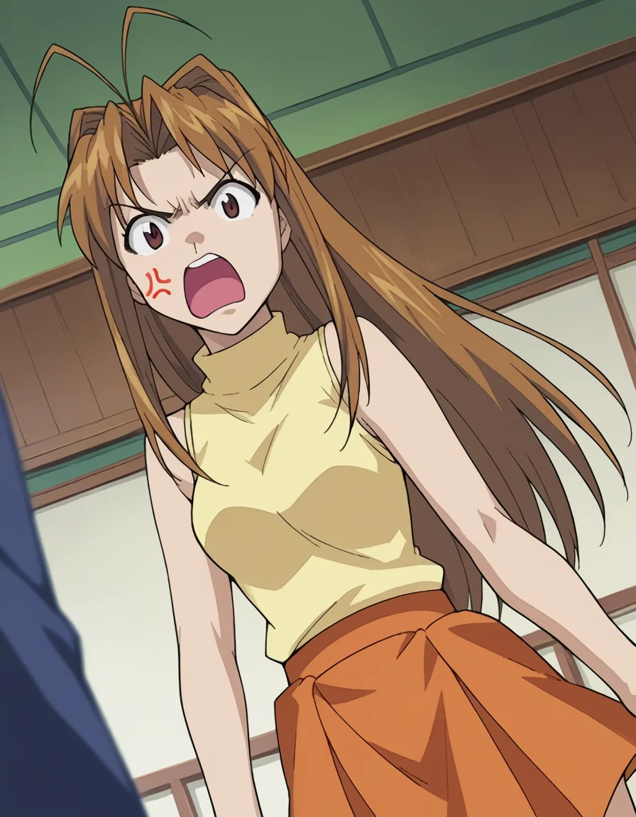score_9, score_8_up, score_7_up, source_anime,
narunarusegawa, <lora:naru-narusegawa-ponyxl-lora-nochekaiser:1>,
naru narusegawa, long hair, brown hair, antenna hair, brown eyes, angry, anger vein, shouting open mouth,
skirt, sleeveless, miniskirt, turtleneck, sleeveless turtleneck,
indoors,
looking at viewer, dutch angle, cowboy shot,