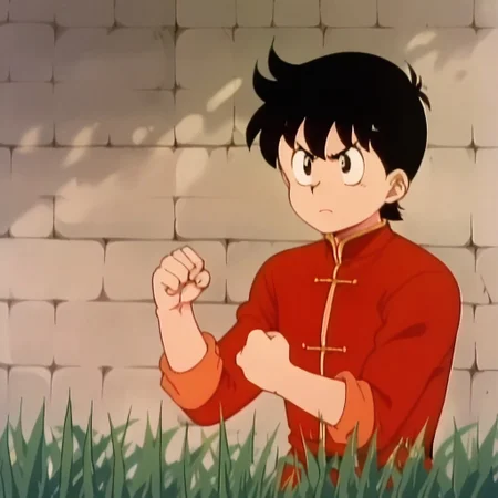 Score_9, chinmi, upper body, solo, modern style, wall, grass, :d, Tangzhuang, clenched hand, black hair, red clothes