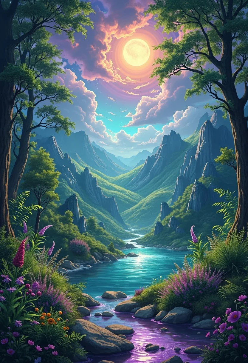 Fantasy realm. Celestial bodies. vibrant symphony of colors. Tangible power of magic. Lush forests full of plants. Luminous shine. emerald green leaves.
The sky is painted with lavender and gold tones. Big creatures with wings in the sky. Moonlight. Magic of the land. valleys. travelers. Crystal Lake. different shades.
Different creatures. Harmony with magic. graceful creatures. tree villages.
vivid color, vivid background, midjourneyv6.1, AlfMch, drawix1, drawix1, ghstlyCE, ghostly