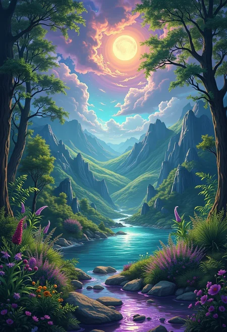 Fantasy realm. Celestial bodies. vibrant symphony of colors. Tangible power of magic. Lush forests full of plants. Luminous shine. emerald green leaves.
The sky is painted with lavender and gold tones. Big creatures with wings in the sky. Moonlight. Magic of the land. valleys. travelers. Crystal Lake. different shades.
Different creatures. Harmony with magic. graceful creatures. tree villages.
vivid color, vivid background, midjourneyv6.1, AlfMch, drawix1, drawix1, ghstlyCE, ghostly