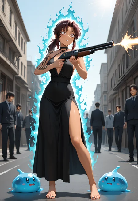 masterpiece, medium breasts, depth of field, RTX, BREAK, motion_lines:1.1, as if holding water or something delicate, Rainbow tips hair, multiple others, motion_blur:1.1, absurdres, silent alien watchers., very aesthetic, BREAK, amazing quality, slime, Elegantly disheveled, Neon Slate Theme, lens flare, human, long_nails, Puzzled expression (Confused, firing a shotgun from the hip, polarized, newest, ultra-detailed, tan skin, Borderless panels, magic glowing aura, ambient occlusion, 8K, nail_polish, half sleeve tattoo, best quality, hands_cupped - Hands forming a cup shape, absolutely eye-catching, slime_(creature), barefoot, Revy (Black Lagoon), standing, trying to understand), anime character, halter_dress, Sky filled with colossal, long hair