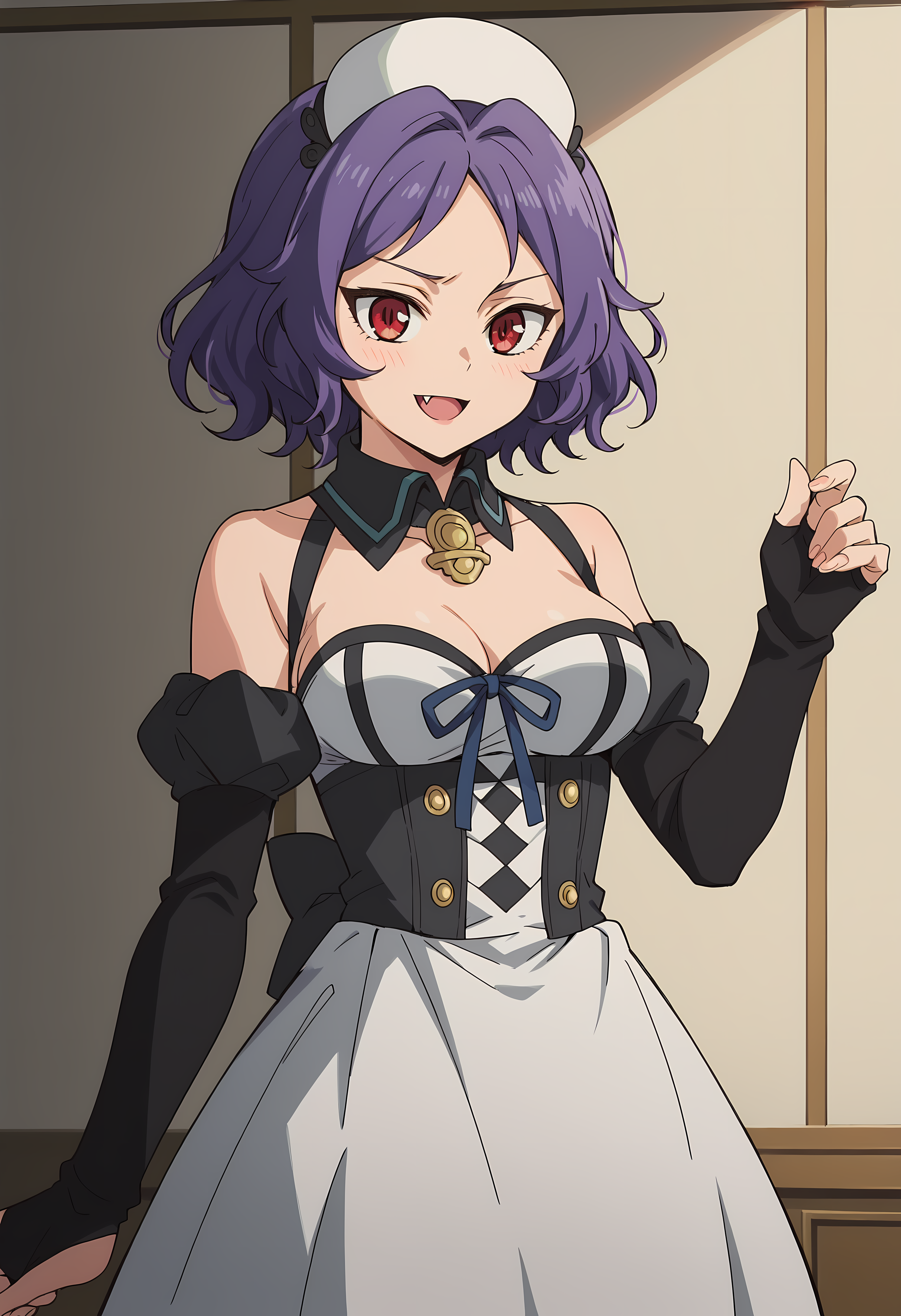 score_9, score_8_up, score_7_up, source_anime, 2d, BREAK, anime coloring, anime screencap, 
ChessBelle, 1girl, short hair, purple hair, red eyes, big breasts, fang,
white hairband, black collar, yellow ornament, bare arms, black sleeves, fingerless gloves, white dress, black material on dress, 
 <lora:chess_belle_0-000025:1>,
portrait, 
detailed eyes, zPDXL, perfect faces, uncensored, rating_explicit