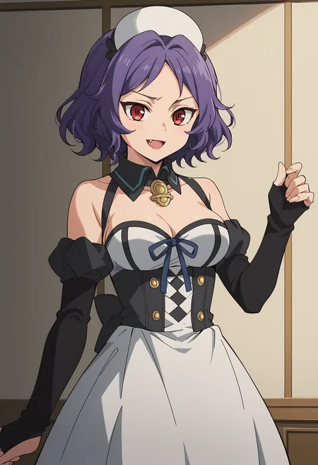score_9, score_8_up, score_7_up, source_anime, 2d, BREAK, anime coloring, anime screencap,
ChessBelle, 1girl, short hair, purple hair, red eyes, big breasts, fang,
white hairband, black collar, yellow ornament, bare arms, black sleeves, fingerless gloves, white dress, black material on dress,
<lora:chess_belle_0-000025:1>,
portrait,
detailed eyes, zPDXL, perfect faces, uncensored, rating_explicit