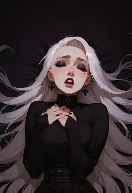 score_9, score_8_up, score_7_up, score_6_up, pretty woman, 21 year old, 1girl, very pale skin, white skin, goth girl, emo, eyeliner, eyeshadow, white hair, long hair, straight hair, closed eyes, pleasure face, pretty face, long hair, pretty eyes, long sleeves, shirt, skirt, sexy pose