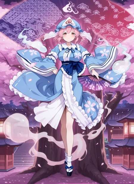 absurdres, highres, masterpiece, best quality, amazing quality, official anime artwork, screencap, anime screencap, looking at viewer, dynamic pose,
sakura tree, fighting stance, serious, floating hair, petals, danmaku, hitodama,
<lora:Yuyuko-FanAura-000019:1> yuyuko-fanaura, saigyouji yuyuko's fan design, butterfly, background, lantern,
<lora:Yuyuko-Saigyouji_IllustriousV3:1> saigyouji yuyuko, 1girl, solo, pink eyes, pink hair, short hair, large breasts,, blue hat, mob cap, triangular headpiece, blue neck ribbon, blue kimono, frilled kimono, long sleeves, wide sleeves, floral print, blue ribbon, white socks, black sandals, folding fan, hand fan,