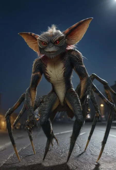 Xgremlinx,(xspiderx:1.8),middle body of spider, middle body gremlin, spider gremlin, amazing quality, masterpiece, best quality, hyper detailed, ultra detailed, UHD, perfect anatomy, portrait, hyper-realism, majestic, awesome, inspiring, - portrait in night city street , cinematic composition, soft shadows, national geographic style,