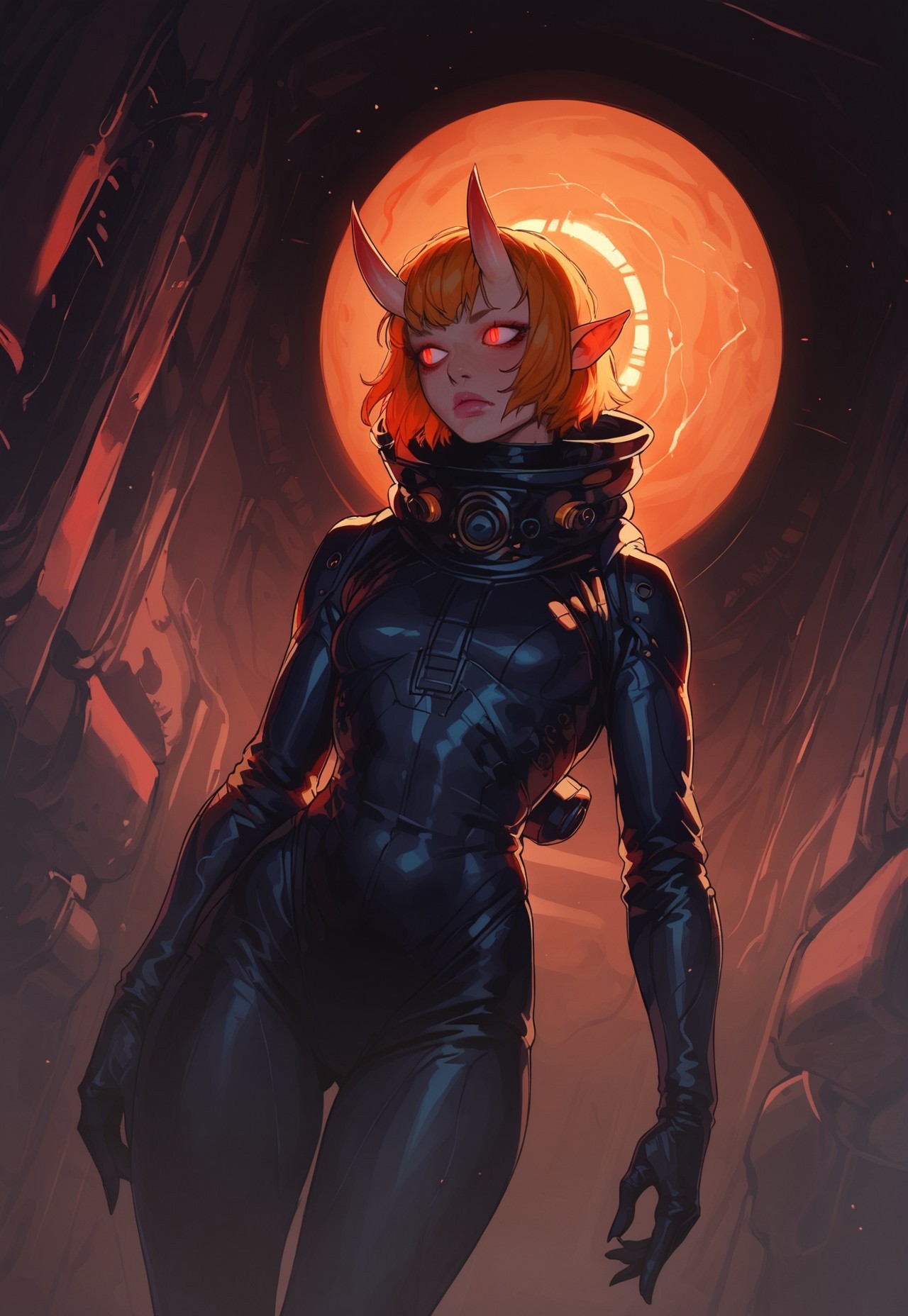 safe_pos, score_9, score_8_up, score_7_up, g0th1c, 43stl1ght1ng, darkness, low light, rimlight, 1ly4, 1girl, monster girl, wide hips, long legs, sexy legs, small breasts, toned, oni horns, ginger hair, bangs, short hair, red eyes, glowing eyes, slit pupils, pointy ears, posing, space suit, scifi, dutch angle, fierce, wide angle, cinematic shot, foggy, spaceship, indoors, horror \(theme\), looking away, cowboy shot, above view
