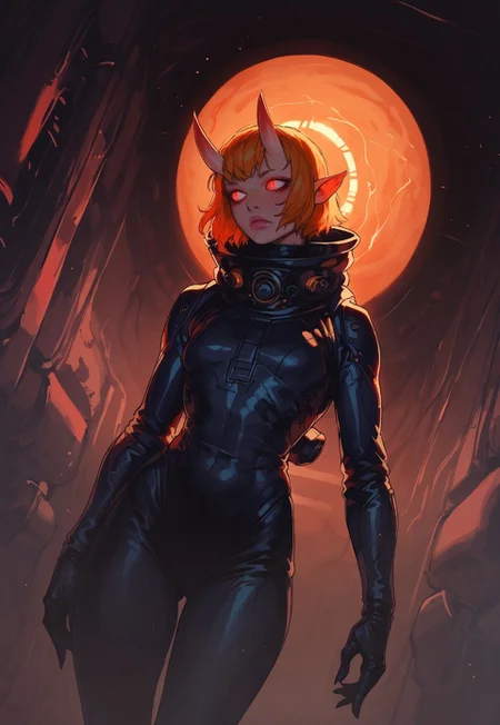 safe_pos, score_9, score_8_up, score_7_up, g0th1c, 43stl1ght1ng, darkness, low light, rimlight, 1ly4, 1girl, monster girl, wide hips, long legs, sexy legs, small breasts, toned, oni horns, ginger hair, bangs, short hair, red eyes, glowing eyes, slit pupils, pointy ears, posing, space suit, scifi, dutch angle, fierce, wide angle, cinematic shot, foggy, spaceship, indoors, horror \(theme\), looking away, cowboy shot, above view