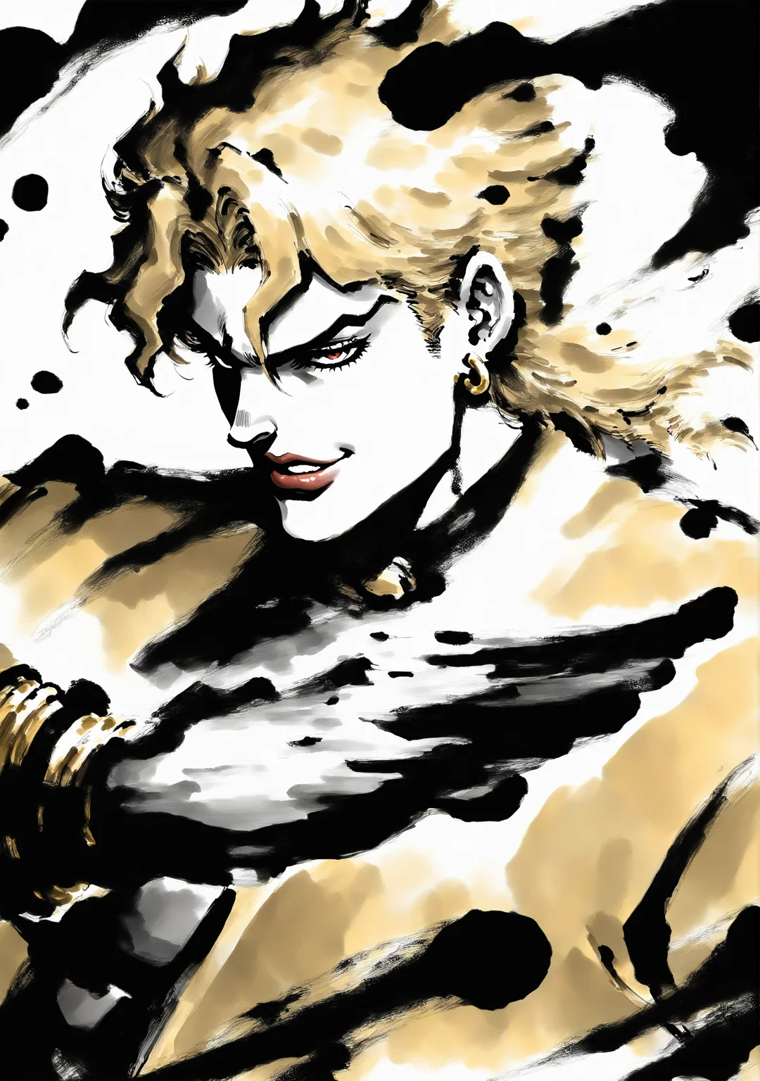 masterpiece,best quality,<lora:yi-noob:1>,ink wash painting,
1boy,solo,dio brando,jojo pose,upper body,face,smile,red lips,blonde hair,yellow jacket,