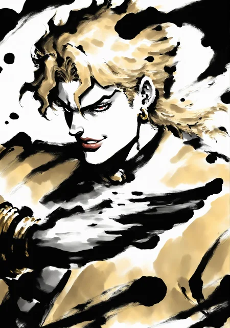 masterpiece,best quality,<lora:yi-noob:1>,ink wash painting,
1boy,solo,dio brando,jojo pose,upper body,face,smile,red lips,blonde hair,yellow jacket,
