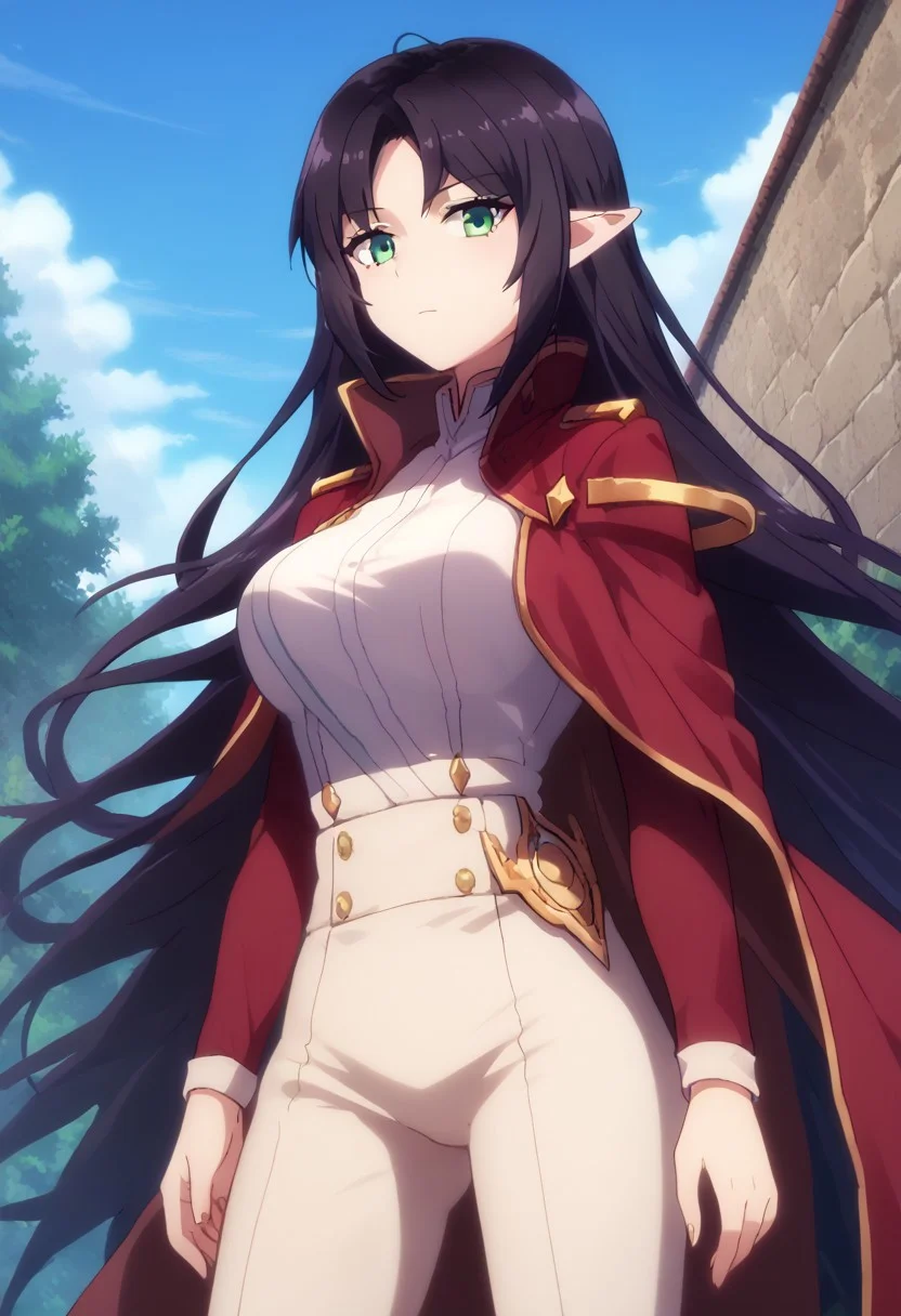 score_9,score_8_up,score_7_up, ASCII Masterpiece, 5fingers, anime screencap, 1girl, solo, Expressiveh, bangs, breasts, cape, closed mouth, cowboy shot, green eyes, black long hair, high collar, jacket, large breasts, light blush, long hair, long sleeves, looking at viewer, looking down, open clothes, open jacket, parted bangs, pointy ears, red cape, red jacket, shirt, shrug (clothing), solo, outdoors, white pants, white shirt