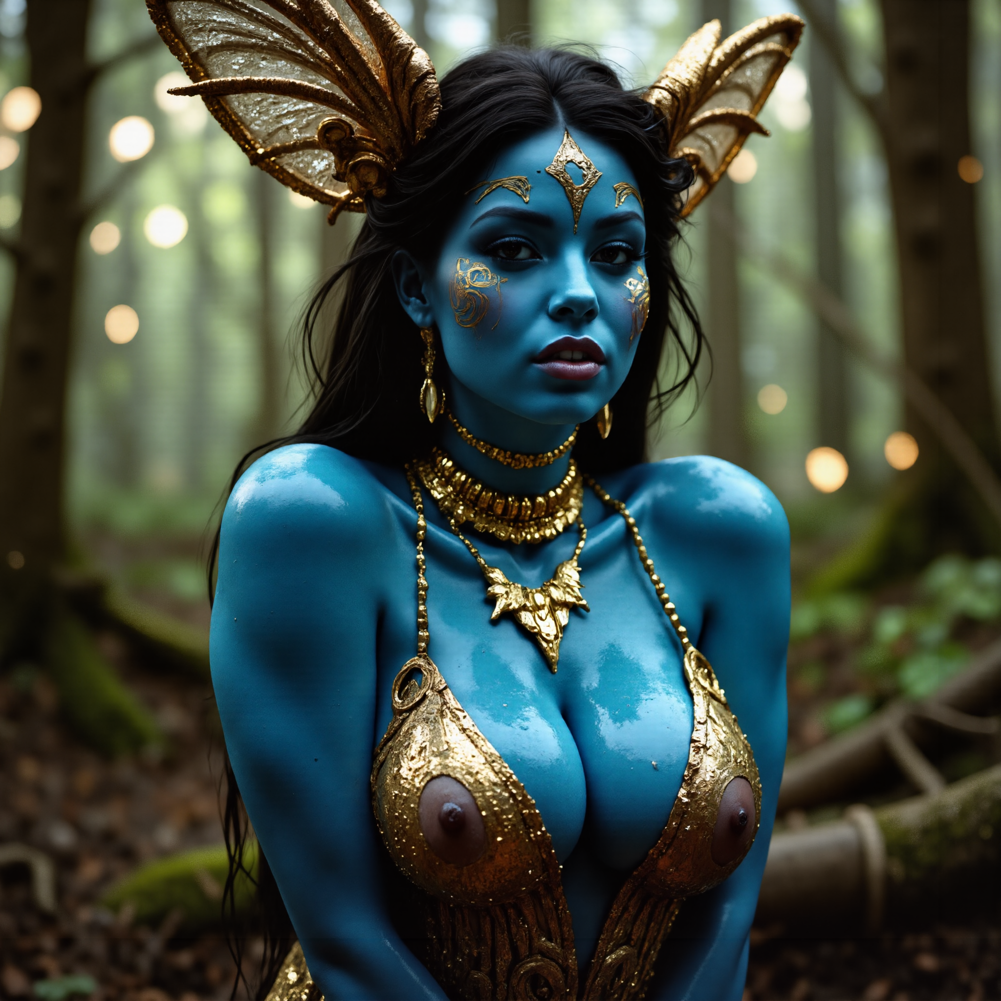 A fantastical, highly detailed portrait  close up of a Tinkerbell-inspired character with a seductive flair. and a curvy figure. She has striking blue skin, a vibrant contrast to her golden adornments, which include intricate, swirling patterns on her face and neck. Her skin is adorned with elaborate, gold-painted designs that resemble intricate, swirling patterns and geometric shapes, enhancing her exotic and regal appearance. She sits gracefully on a tree branch, her glittering, semi-transparent wings radiating with a soft, ethereal glow. The background is a dreamy forest, with volumetric light streaming through the trees, casting enchanting sparkles and a diamond-like shine around her. Her outfit is alluring yet elegant, accentuating her curvy figure  and very large hips with tasteful details, and her expression is playful and confident.  deep cleavage,Her breasts are covered with a glossy, translucent substance that enhances their size and gives them a shiny appearance. The fluid, possibly oil or water, glistens under the lightingThe entire scene is illuminated with soft, magical lighting, creating a surreal, mystical atmosphere. The attention to detail enhances her shimmering skin and the intricate textures of her surroundings, blending fantasy and realism seamlessly.