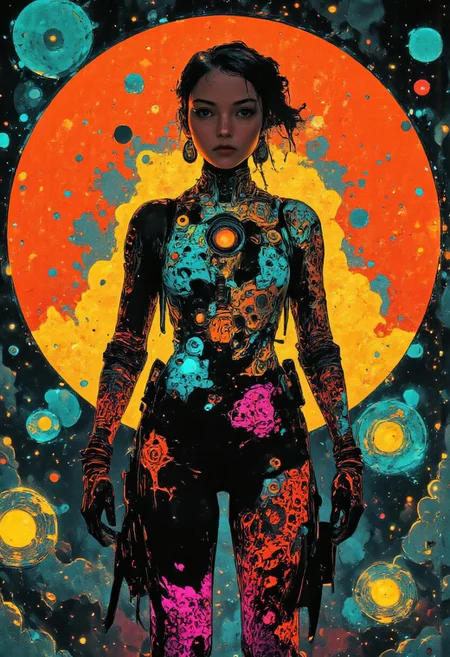 The image features a vibrant and imaginative female character adorned in a skin-tight suit that seems to blend organic and cosmic elements. The suit is intricately designed with swirling patterns in shades of black, blue, and vivid pink, resembling flowing tendrils or vines. Circular motifs in various colors, especially teal and fuchsia, punctuate the design.
Behind the figure, a striking circular backdrop glows in warm tones of orange and red, embellished with geometric patterns that evoke a sense of depth and energy, reminiscent of a cosmic or mystical setting. The overall atmosphere is surreal and otherworldly, combining elements of science fiction with artistic flair.