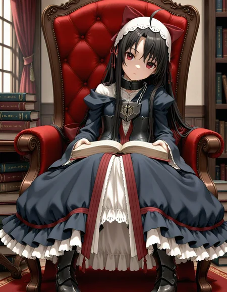 1girl,
very awa, red eyes, black hair, long hair, very long hair, ahoge,daliandress, padlock, collar, metal collar, chain, black dress, headdress, long sleeves, hair bow, large bow, red bow, armored boots, frills, indoors, book stack, sitting, open book, holding book, expressionless, chair, from front, looking at viewer, head tilt, lock, wide sleeves, book, closed mouth, bow, frilled collar, black footwear, red bowtie, knees together feet apart, solo, bowtie, holding, dress, boots,
masterpiece, best quality, newest, highres, absurdres, sensitive
<lora:NoobV065sHyperDmd:1> <lora:NovelDalian_IXL:1>