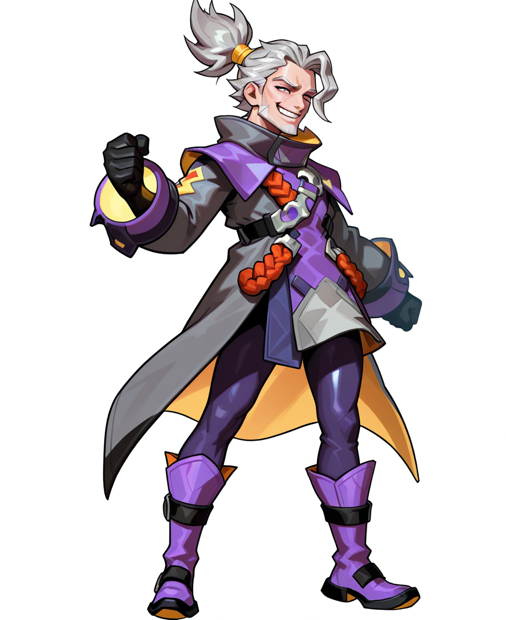<lora:smashlegends:1> smashlegends,
(masterpiece), (best quality), (ultra-detailed), amazing quality, very aesthetic, illustration, perfect composition, intricate details, absurdres, incredibly absurdres, shiny skin, realistic,
 smashlegends, solo, 1boy, male focus, boots, smile, full body, grey hair, gloves, simple background, standing, purple footwear, grin, ponytail, white background, clenched hand, coat, long sleeves, transparent background, facial hair, old, teeth, general